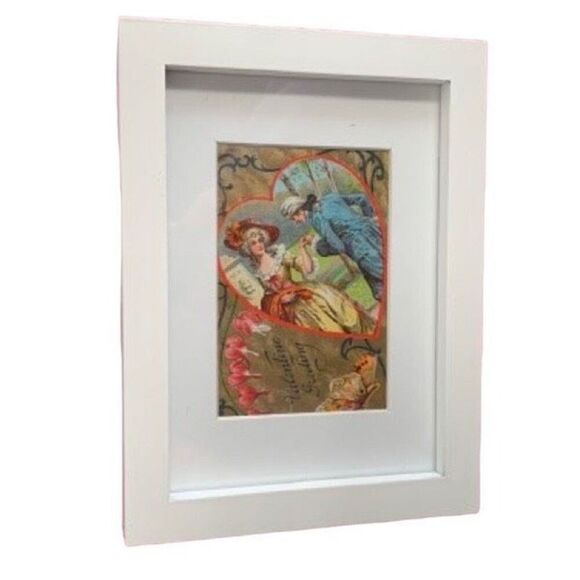 Victorian Valentine Postcard in Frame – Antique 1800s Ephemera, Heart Couple - Picture 1 of 8